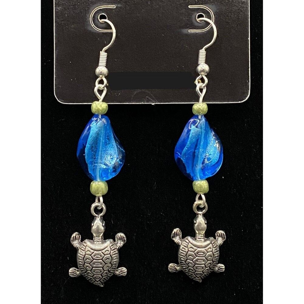 Handmade Silver Tone Turtle Blue & Green Glass Bead Earrings by Neanie-Bot